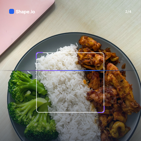 Assiette poulet, riz et brocoli analysée par l'IA Shape.io